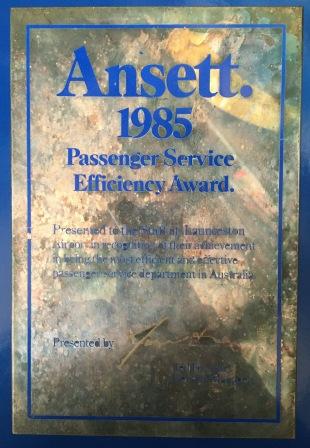 (image for) Ansett."1985 Passenger Service Efficiency Award." - BRASS PLAQUE
