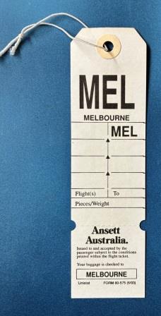 (image for) Ansett Australia. DESTINATION BAGGAGE TAG: "Melbourne"
