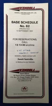 KENDELL AIRLINES BASE SCHEDULE (Timetable) No 62