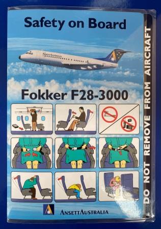 (image for) ANSETT AUSTRALIA SAFETY CARD: "Fokker F28-3000" - Click Image to Close