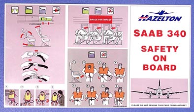 (image for) HAZELTON AIRLINES SAFETY CARD - SAAB 340 - Click Image to Close