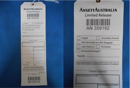 ANSETT AUSTRALIA LIMITED RELEASE BAGGAGE TAG